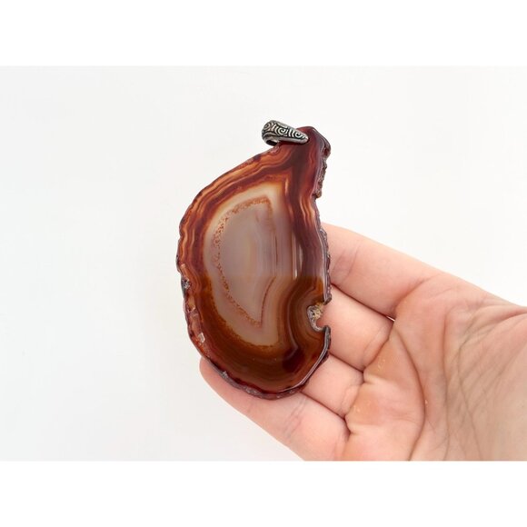 Brown Sliced Banded Agate Geode Crystal Freeform Large Silver T Vintage Pendant - Picture 7 of 12